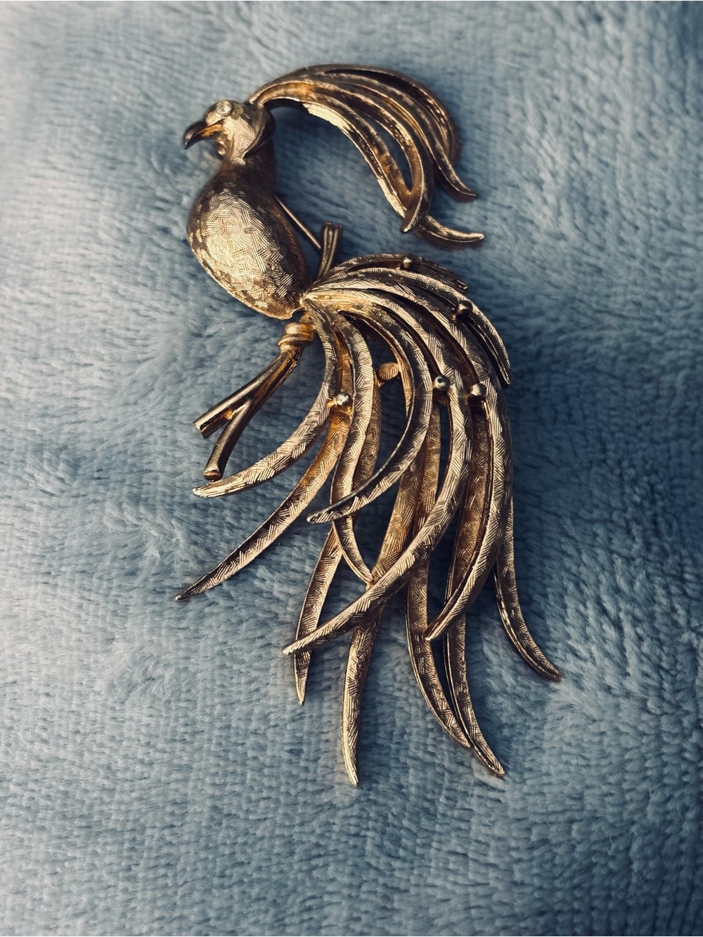 Vintage Brushed Gold Bird of Paradise Brooch by Avon, 3” tall